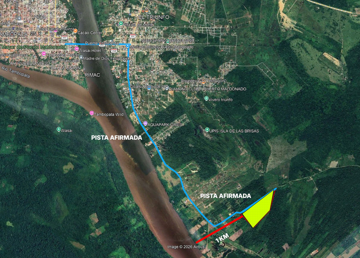 Ruta referencial desde Puerto Maldonado hacia el terreno en El Triunfo